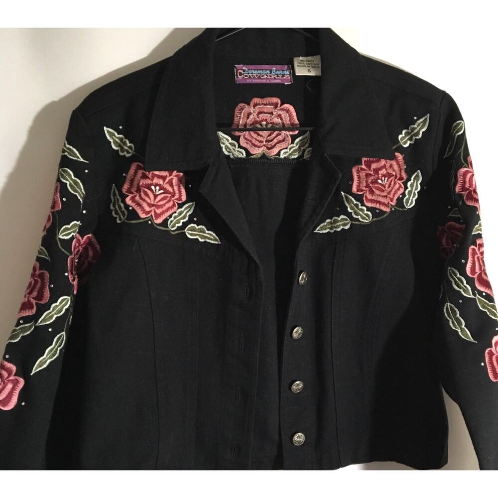 Doreman Burns Cowgirls Black Denim Fringe Floral Embroidered Western Jacket Sz S - Picture 5 of 6